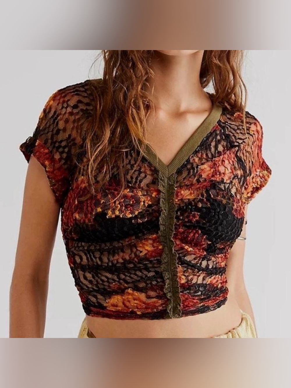 Free People Black Lace V-Neck Floral Accent Crop Top